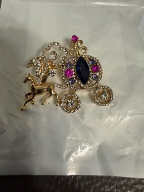 Gold-tone Horse & Carriage Brooch with Pink and Blue Stones